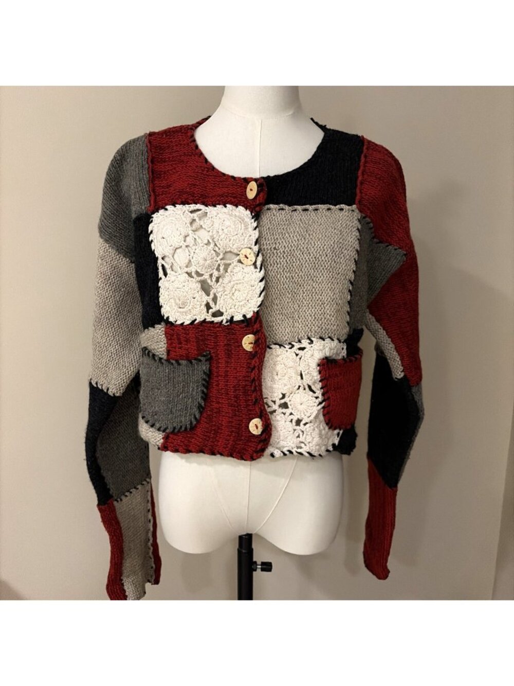 Anthropologie Women’s Patchwork Cardigan Sweater Size S Wool Blend Cropped Boho